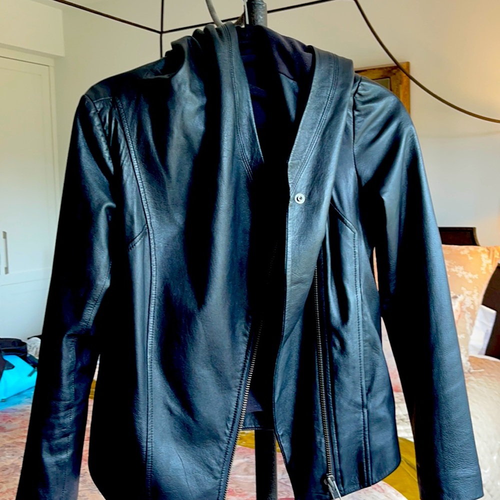 Helmut Lang soft black leather biker jacket with deep hood and zipped pocket